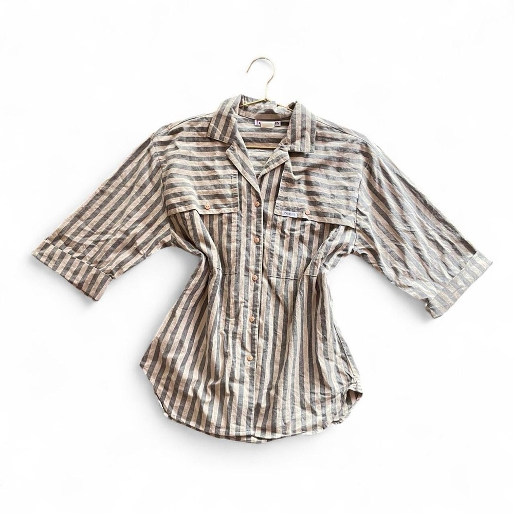 Vintage 90s Cabrais Striped Button-Up Shirt – Neutral Minimalist Utility Top